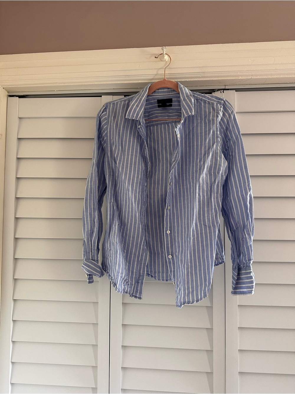 J. Crew Linen Blue and White Vertical Stripe Button-Down Shirt